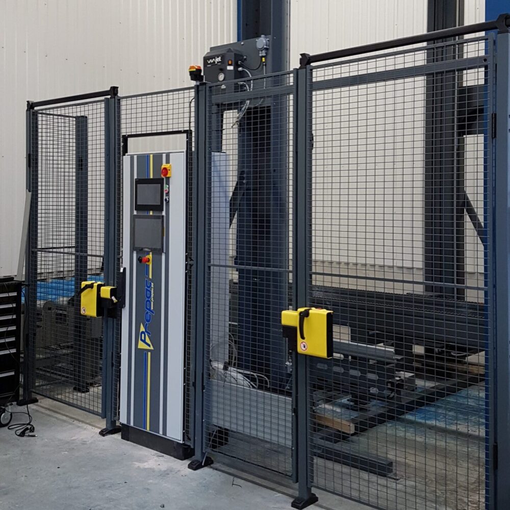 Marking robot in factory with Prepac logo on the front